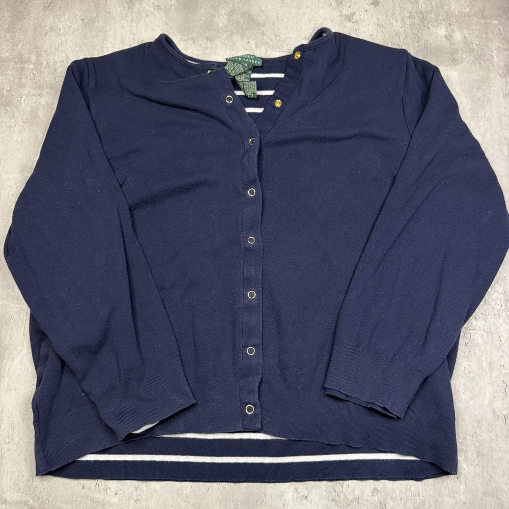 Lauren Ralph Lauren Nautical Reversible Striped Cardigan Navy Blue Jacket 2X
